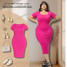 Plus Size Midi Dress With Fitted Waist And Shaping Effect, Short Sleeves - Rosa Fucsia - Ver 4