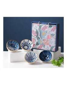 4-teilige und 6-teilige Geschenkboxen mit Keramikschalen, blau-weiß gemusterte Keramikgeschirrsets im japanischen Stil, kreative Geschenkboxen mit gemusterten Schalen, Keramikschalen mit tragbarer Verpackung, geeignet für Familienfeiern, Weihnachtsgeschenke, Küchentische, schön und praktisch, leicht zu reinigen, bei hohen Temperaturen gebrannt, langlebiges Geschenkgeschirr - Verschiedenfarbig - Übersicht 5