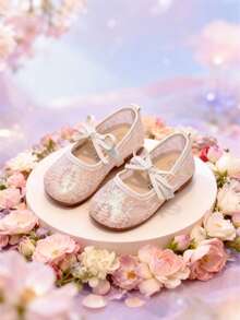 1 Pair Girls Ballet Flats, Suitable For Ballet Dancing, Comfortable To Wear In Spring, Summer And Autumn, With Lace Pattern And Bow Design, Closed Toe, Breathable Fabric, Slip-On - Beige - View 11
