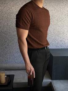 Men's Casual Short-Sleeve Solid Color Knit Top - Marrón - Ver 4
