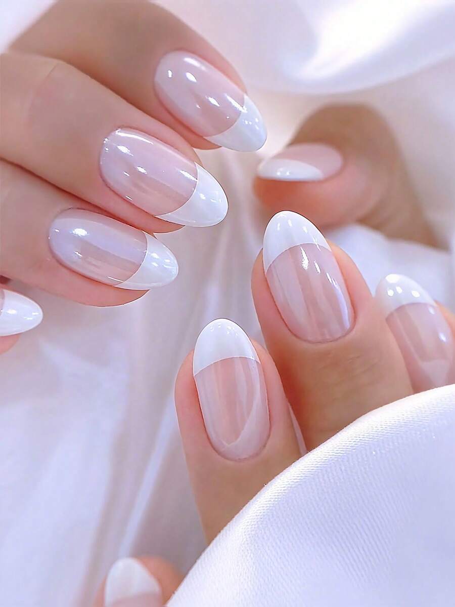 24 Stücke mittelgroße mandelförmige Acryl-Nageltips im französischen holografischen Stil, Y2K Weiß & Rosa Glitzer Künstliche Nägel, geeignet für Nagelstudios, Frauen und Mädchen, Nagelsalon Feiertags-Dekorationen und Neujahrgeschenke