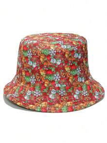 1pc Women's Cute Cartoon Christmas Themed Bucket Hat, Versatile Unisex Bucket Hat For Outdoor Casual, Suitable For Christmas