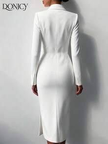 DONICY Damen Herbst/Winter Bekleidung Zweireihiger einfarbiger eleganter weißer Blazer, modischer langer Knopfmantel für den Herbst