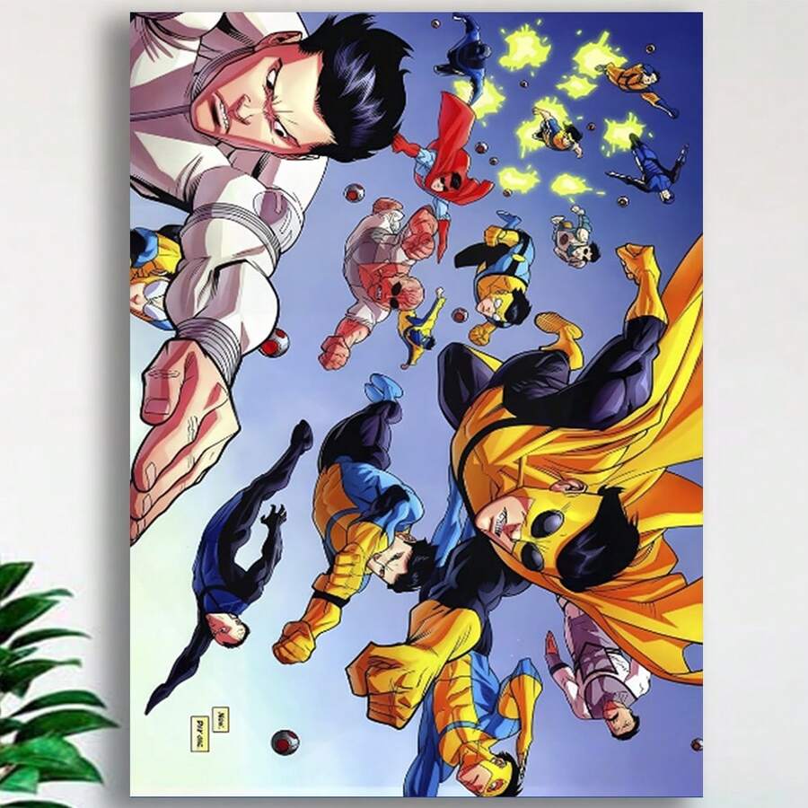 Framed Anime Invincible Superhero Canvas Wall Art Vibrant Action-Packed Scene Poster, High-Quality Canvas Print For Bedroom, Garage, Hallway Decor - Perfect Gift For Comic Fans & Enthusiasts, Dynamic Illustration, Vivid Color Artwork For Bedroom, Bathroom, Kitchen, Office, Cafe Wall Decor, Room Decor. - Đóng khung - Xem 1