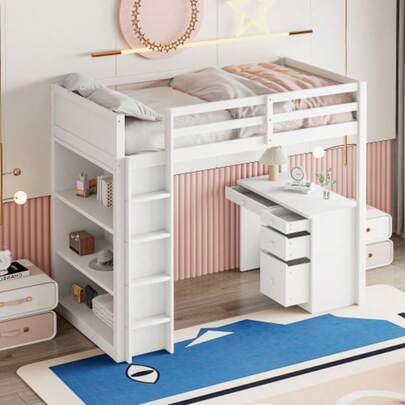 90 X 200 Cm Loft Bed With Storage Compartment And Computer Desk, Multifunctional White Wooden Loft Bed