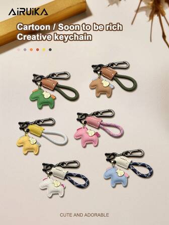 Cartoon "Get Rich Soon" Keychain, Creative Car Key Chain, Handmade Leather & Woven Rope Bag Pendant