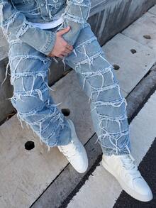 Men's Retro Slim Fit Fashionable Embroidered Patchwork Straight Leg Jeans - Blue - View 5