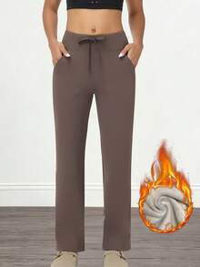 3 Pieces Of Women's Casual Solid Color Drawstring Waist Sports Pants, Women's Solid Color Thermal Insulation Pants, Sports Yoga Pants, Casual Sports Pants, Outdoor Sports Pants, Wide Leg High Waist Side Pocket Casual Pants, Autumn And Winter Daily Casual Graduation And School Clothes, Female Teacher Clothes - 咖啡棕 - 查看 4