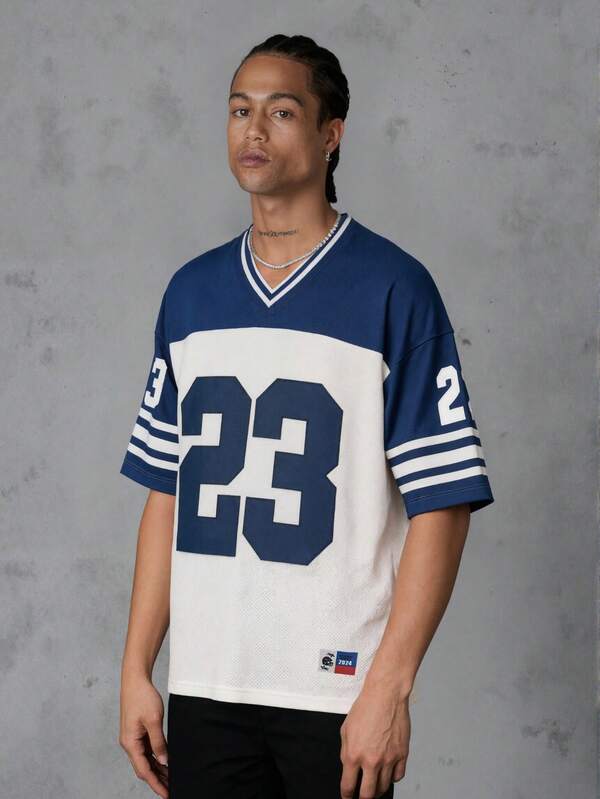 ملابس علوية رجالية عصرية] ملابس علوية رجالية قصيرة الأكمام عادية خفيفة الوزن | تناسق ألوان مخطط، رقبة دائرية، طباعة ثلاثية الأبعاد بنمط "23"