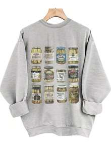 [Olive Green Sweatshirt] Soft Olive Green Crewneck Sweatshirt |     PICKLES Letter Print & Pickle Jar Graphic - Mid-Stretch Fabric, Machine Washable - 灰色 - 查看 3
