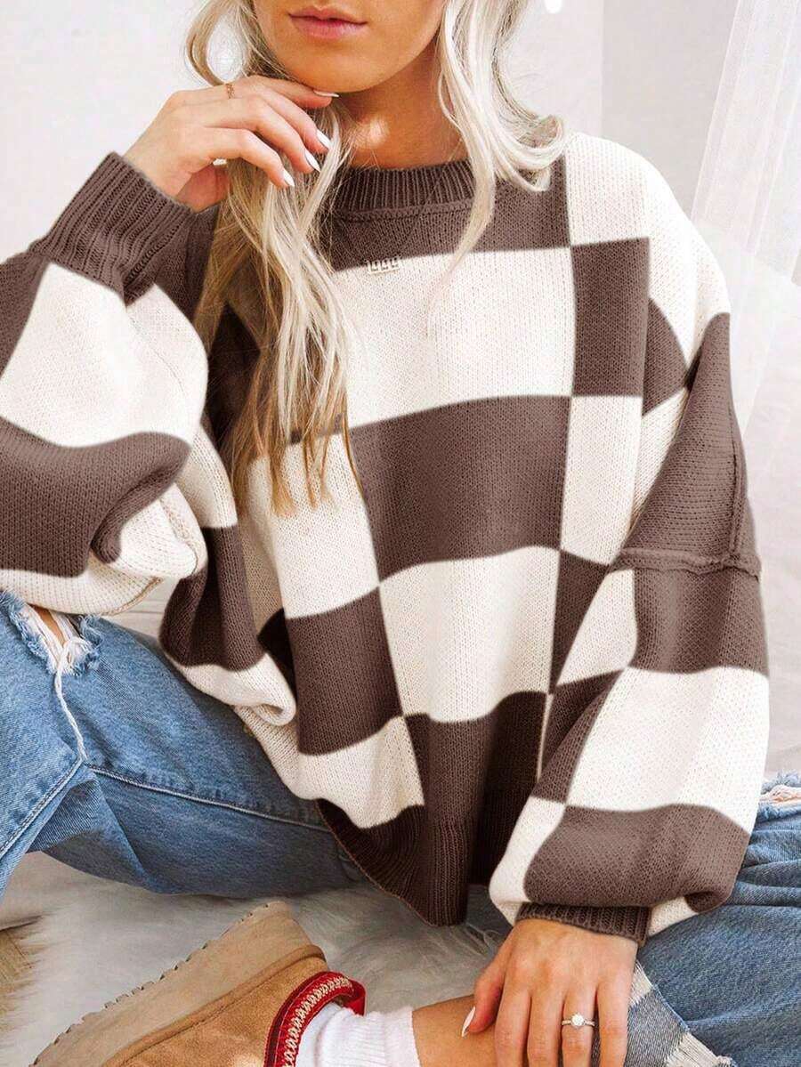 Brown Plaid Bishop Sleeve Elegant Sweater, Long Sleeve Top - 玫紅色 - 查看 1