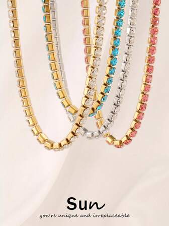1 pieza Collar de acero inoxidable de 4 mm para mujeres y hombres, collar de cadena de tenis de estilo hip hop con cristal de circonita de color