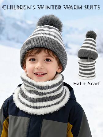 1 Set Unisex Toddler Solid Color Thickened Knit Hat And 1 Solid Color Autumn/Winter Scarf