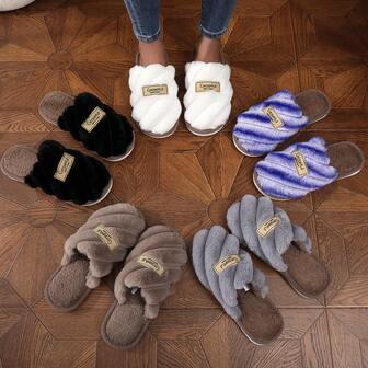 New Couple Plush Diagonal Stripe Slippers, Multi-Color Options, Casual Home & Light Outdoor Wear