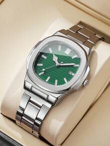 1pc Men's Fashion Simple Square Dial Calendar Business Quartz Watch With Steel Strap, Casual (Does Not Include Watch Box)