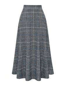 EARO New Woolen Plaid Casual Loose Fashion Daily Commute High Waist Slimming Elegant Over-The-Knee A-Line Skirt With Elastic Waist - Blue - View 1