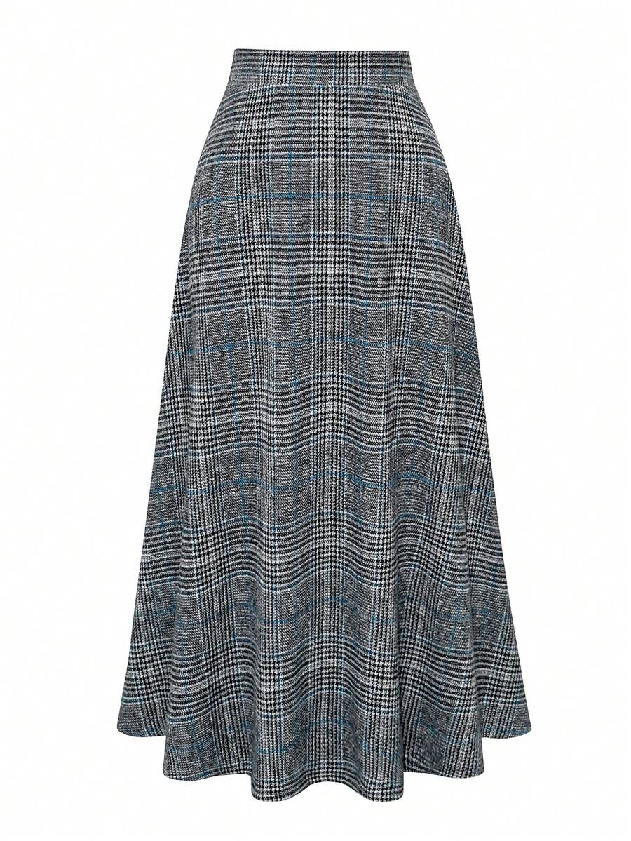 EARO New Woolen Plaid Casual Loose Fashion Daily Commute High Waist Slimming Elegant Over-The-Knee A-Line Skirt With Elastic Waist - Blue - View 1