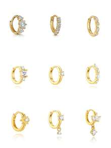 1pc 925 Sterling Silver Classic Asymmetric Octagonal Star Cubic Zirconia Earrings, Suitable For Women's Daily, Party, Engagement And Other Occasions - Gold - View 11