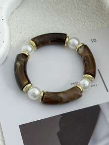 女士亚克力扎染糖果色不对称宽手镯 - 深棕色 - 查看 10