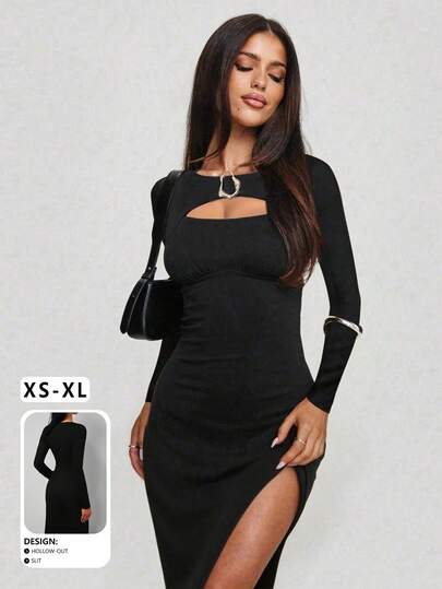 Vestido ajustado con abertura alta y decoración metálica hueca, sexy y de moda, nueva colección de otoño/invierno