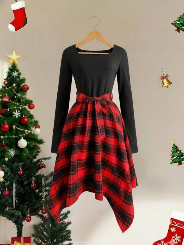 2025 Autumn/Winter New Plaid Patchwork Asymmetric Hem Belted Midi Dress, Casual
