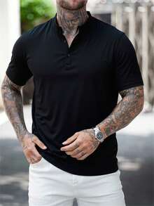 Camiseta de manga corta con cuello henley minimalista y casual para hombre, de verano - Negro - Ver 10