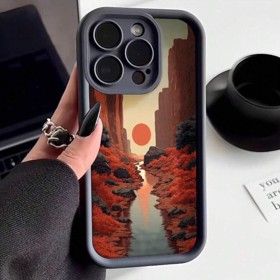 Cubierta de teléfono con diseño de paisaje desértico rojo y atardecer para iPhone 14 Pro Max color negro con estampado de cañón y sol naranja ideal para uso diario y viajes - Negro - Ver 1