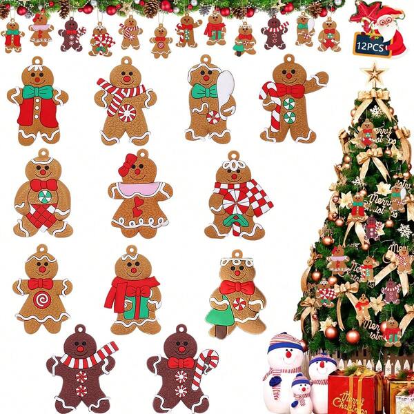12pcs Christmas Ornaments Cute Snowman Xmas Tree Decorations Santa Claus Figurines Ornaments With Sugar Cookie House For Christmas Tree Hanging Party DIY Decor 3 Inch Tall