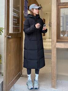 羽绒棉长袖连帽宽松及膝女式羽绒服 - 黑色 - 查看 4