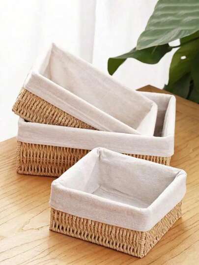 Set de 3 cestas de almacenamiento tejidas a mano - Organizadores rústicos de color caqui y blanco para cosméticos, ropa y decoración del hogar - Perfectos para la sala de estar, dormitorio, oficina y accesorios de dormitorio | Cestas de almacenamiento rústicas | Textura tejida, cestas de almacenamiento, cesta de almacenamiento de mimbre, cesta de almacenamiento de mimbre, cesta de mimbre grande, cesta de mimbre profunda, decoración de la habitación, cesta de juguetes, cesta de mimbre, cesta para decoración del hogar