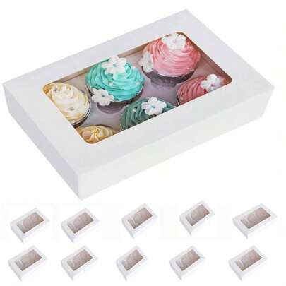 10 Pcs Cupcake Boxes With Inserts 6 Holders Standard Bakery Boxes With Window Cake Carrier Container For Muffins,Gift Treat Box Bulk