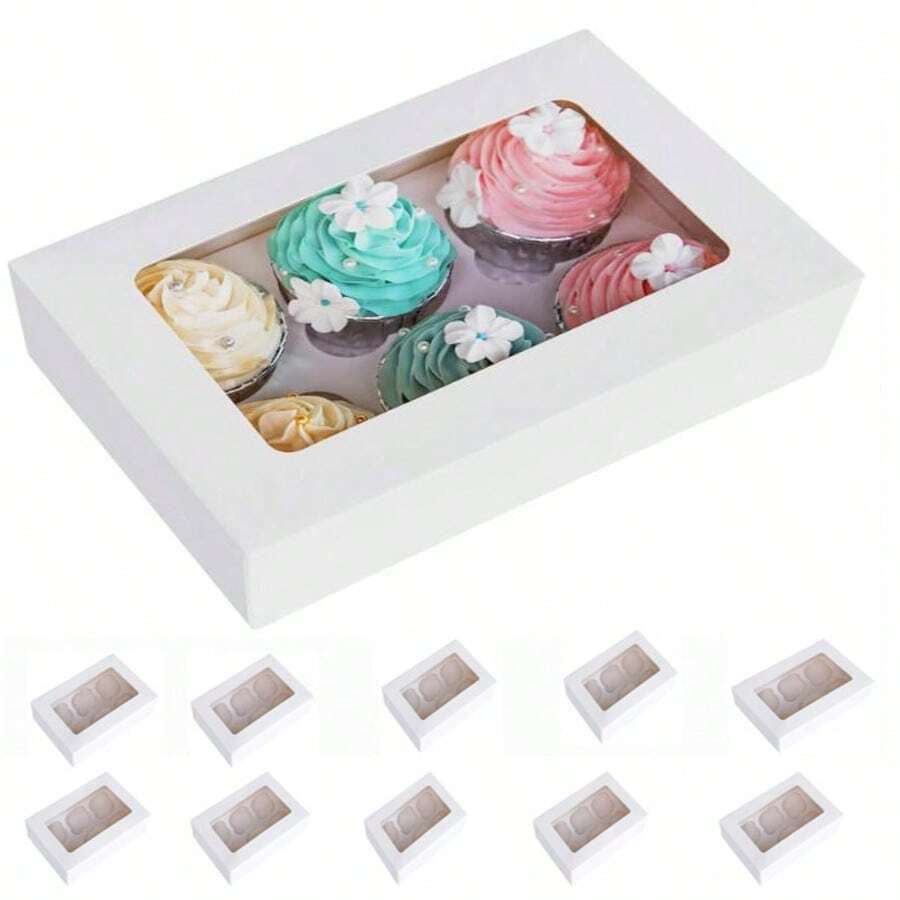 10pcs Cupcake Boxes With Liners, 6 Cup Holders, Standard Baking Boxes With Window, Suitable For Muffins, Gifts, Etc. - White - View 1