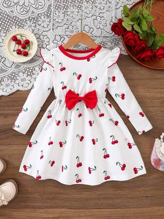 Vestido casual con mangas cortas, cuello redondo y estampado de flores de cerezo con lazo en la cintura para niñas jóvenes