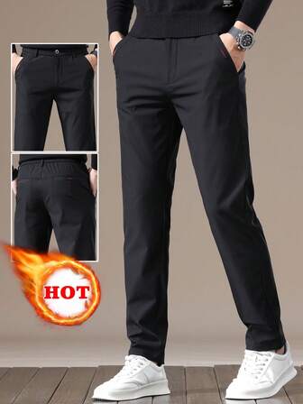 Men's Solid Color Pocket Loose Straight Casual Pants, Thick, Fall