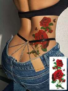 2 Rose Pattern Tattoo Stickers, Waterproof Temporary Tattoos For Women's Sexy Thigh, 3D Realistic Floral Waist Designs, Large Half-Arm Body Art, Lasting 2-5 Days, Cover Scars, For Arm, Wrist, Shoulder, Leg, Waist, Neck, Back, Chest, Thigh. - Multicolor - View 2