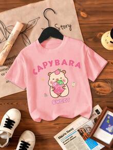Young Girls Casual Cartoon Print Short Sleeve T-Shirt, Summer - Pink - View 2