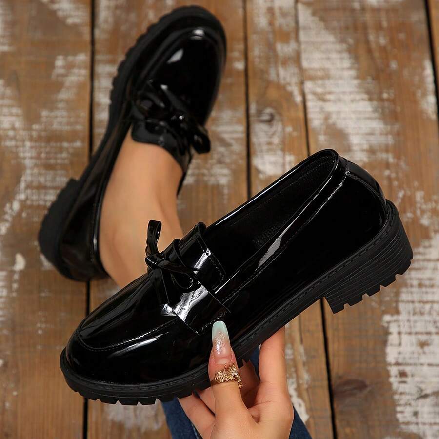 Giày lười đế dày sơn mài mới, giày bệt nữ có họa tiết nơ, giày đế xuồng đa năng thường ngày - màu đen - Xem 1