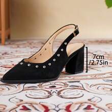 New Vintage Pointed Toe Rivet Decor Chunky Heel Sandals, Strap Versatile Slip-On Flats For Office Wear - Black - View 6