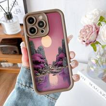 Cubierta de teléfono con borde negro diseño de paisaje con flores moradas y luna rosa para iPhone 14 Pro Max protección contra golpes ideal para uso diario y viajes - Café integral - Ver 2