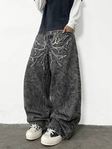 1 chiếc quần jeans ống rộng dáng suông thêu họa tiết phong cách American Vintage High Street, quần dài rộng rãi thoải mái (Không bao gồm thắt lưng và phụ kiện) - màu đen - Xem 8