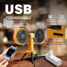 Outdoor Camping Oscillating Fan, Cordless Rechargeable Battery Tripod Tent Fan With LED Lantern Hook 4 Powerful Speeds 270° Dual Head Oscillation For Patios Garage RV Travel Home Blackout-Fan\Portable Fan\Fan Portable\Travel Essential\Mini Fan - Màu vàng - Xem 4