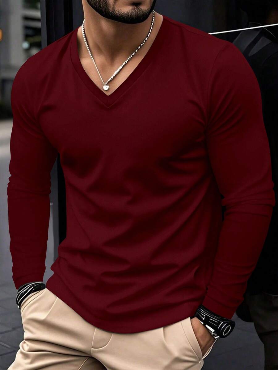 Men's Loose Fit Plus Size V-Neck Long Sleeve Lightweight T-Shirt, Casual, Fashion, Daily, Vacation, Sports, Solid Color Basic Top, Spring/Autumn - Burgundy - View 1