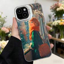 Funda de teléfono con diseño de dibujos animados para mujer color negro con estampado de chica en tren con bufanda naranja y texto CASETTO ideal para uso diario y regalos Aplicable a los teléfonos de la serie Apple y Galaxy - Negro - Ver 3
