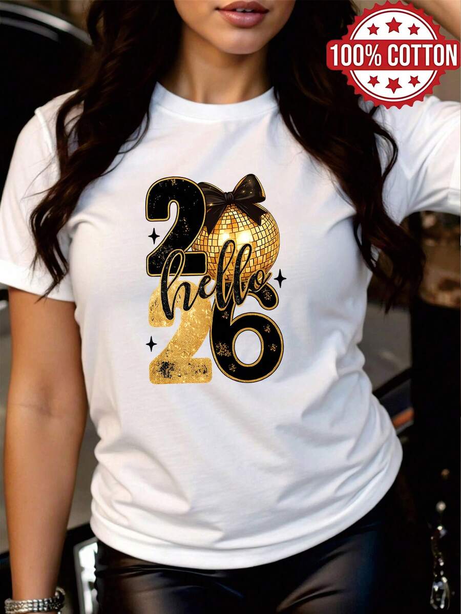 1pc 100% Women Hello 26 Gold Disco Ball Celebration 2D Print Pattern Crew Neck Short Sleeve Tshirt, All Season Wear - Blanco - Ver 1