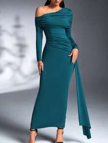 Vestido de fiesta, boda, club, sexy para mujer con cuello asimétrico, manga larga, drapeado y ajustado para fiestas, conciertos country, Navidad y noches de fiesta