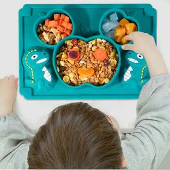 1pc Children's Silicone Compartments, Anti-Slip, Strong Adhesion, Soft Silicone Dinosaur, Heat-Resistant, Easy To Clean, Eating Rice Bowls