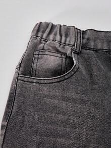 少女直筒弹力腰宽松休闲复古牛仔裤 - 灰色 - 查看 4