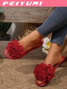 PEIYUMI Damen Große Größen elegante weiche französische Stil Flache Hausschuhe, offene Zehe Blumen Dekor Einzelriemen Sandalen, Sommer Lässig Mode Schuhe - Rot - Übersicht 4