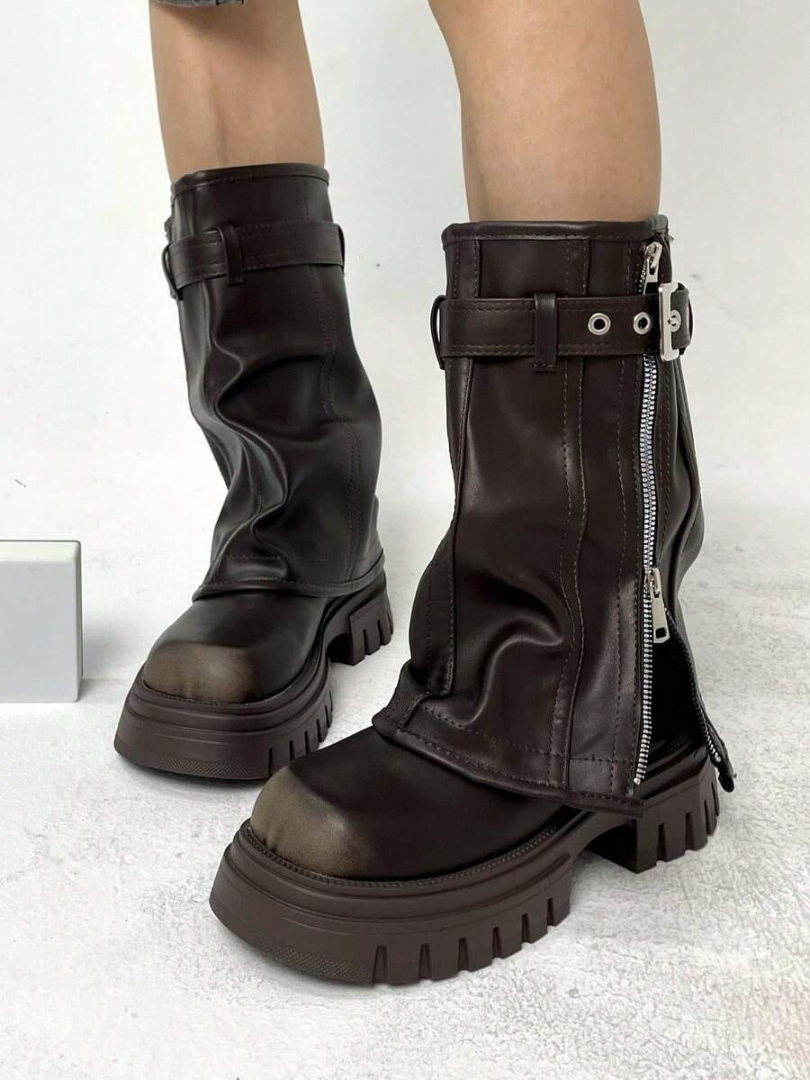 Fall Winter Punk Mid-Calf Boots Round Toe Thick Sole Side Zipper Metal Buckle Ruffled Fashionable Party Boots Outdoor Wear Motorcycle Boots - Brown - View 1