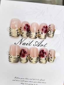 10片装法式豹纹方形美甲贴片，性感Y2K风美甲，欧美女孩斑马纹裸色底，简约百搭，手工制作，适合女孩日常佩戴，按压式美甲贴片，假指甲，美甲用品，手工按压式美甲贴片 - 彩色 - 查看 3